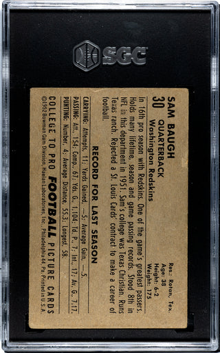 Sammy Baugh 1952 Bowman Large Card #30 SGC 3