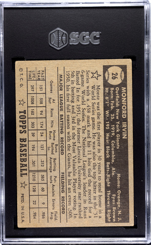 Monte Irvin 1952 Topps Card #26 SGC 2