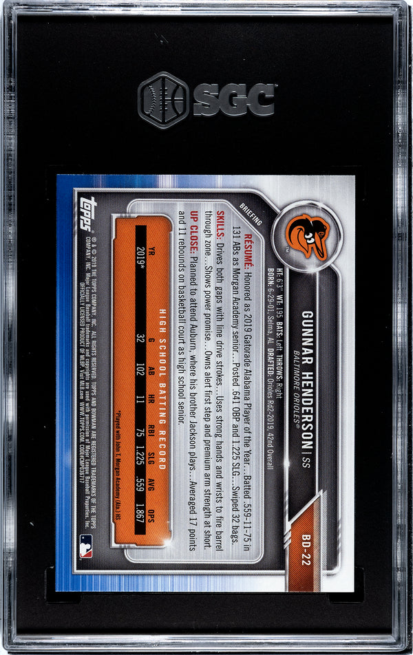 Gunnar Henderson 2019 1st Bowman Draft Rookie Card #BD22 SGC 10