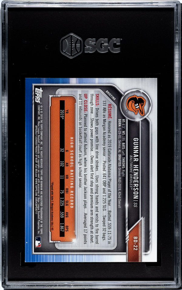 Gunnar Henderson 2019 1st Bowman Draft Rookie Card #BD22 SGC 9.5