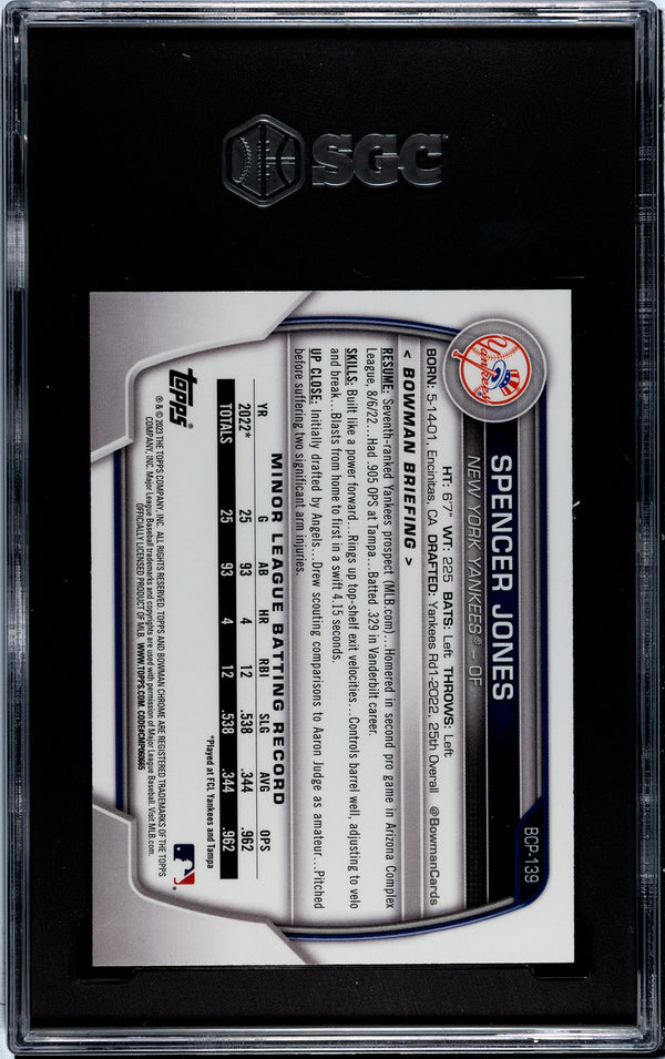 Spencer Jones 2023 1st Bowman Chrome Prospect Rookie Card #BCP139 SGC 10