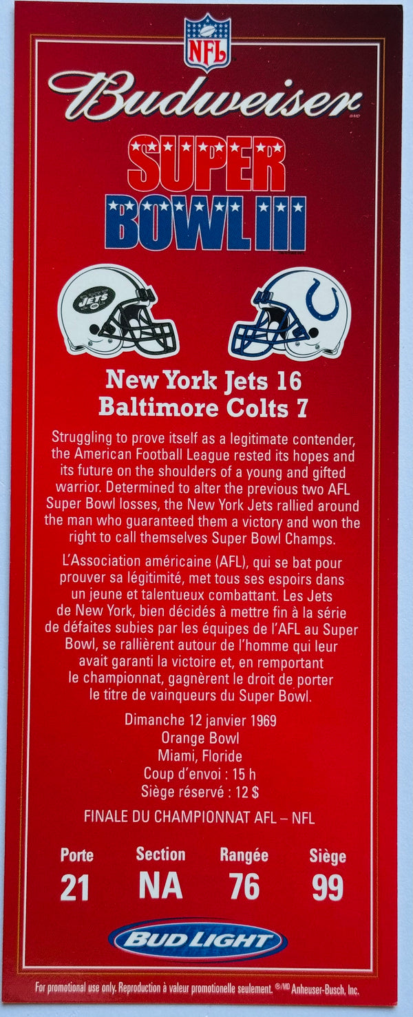 Joe Namath Earl Morrall Autographed Super Bowl III Reprint Ticket