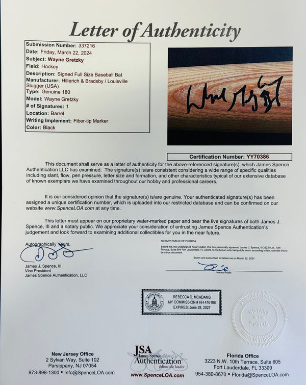Wayne Gretzky Autographed Louisville Slugger Bat (JSA)