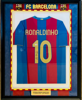 Ronaldinho Autographed Barcelona Framed Jersey (Beckett)