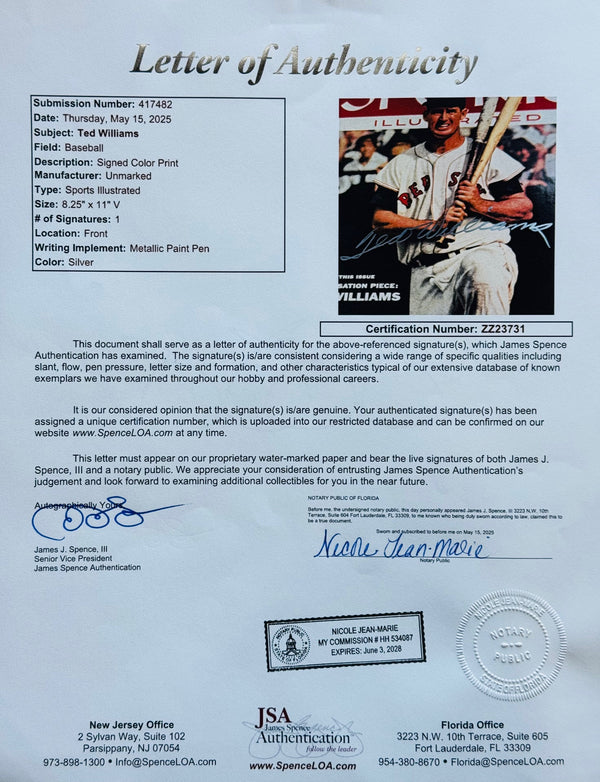 Ted Williams Autographed 8x10 Signed Sports Illustrated Color Print (JSA)