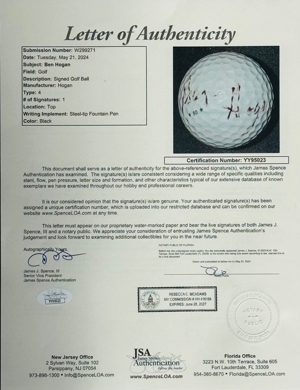Ben Hogan Autographed Hogan 4 Golf Ball (JSA)