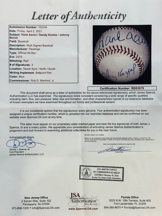 Hank Aaron Sandy Koufax Johnny Bench Signed 2015 All Star Game Baseball (JSA)