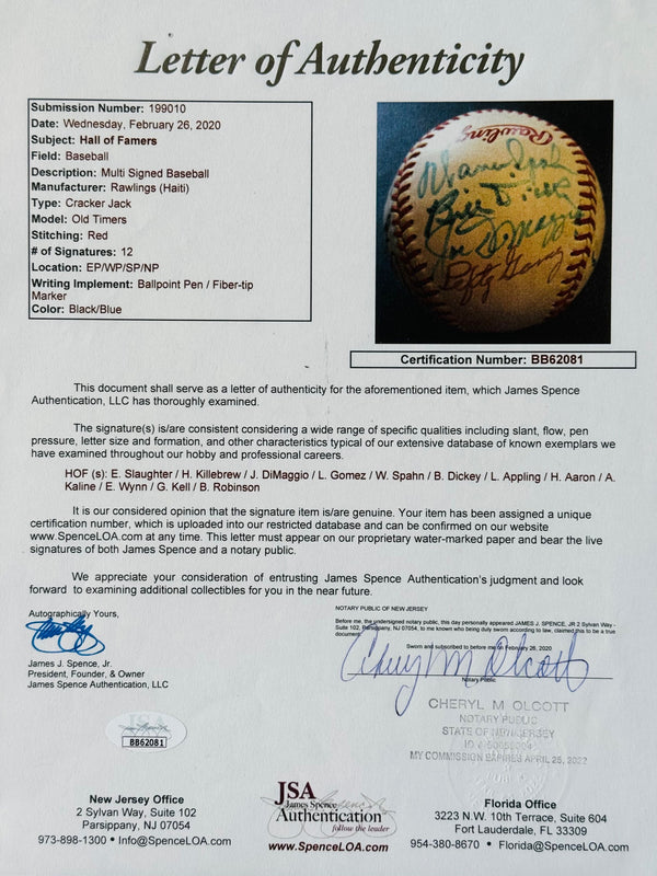 Hall Of Famers Autographed Cracker Jack Old Timers Day Baseball (JSA)