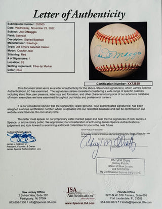Joe DiMaggio Autographed Cracker Jack Old Timers Baseball Classic Ball (JSA)