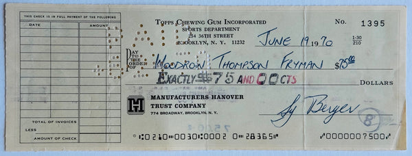 Sy Berger Autographed Cancelled Check
