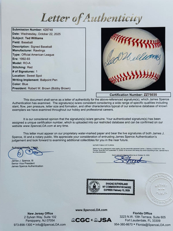 Ted Williams Autographed Official American League Baseball (UDA/JSA)