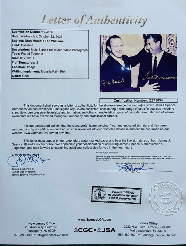 Stan Musial & Ted Williams Autographed 8x10 Baseball Photo (JSA)