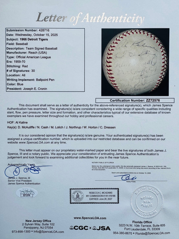 1966 Detroit Tigers Autographed Official American League Baseball (JSA)
