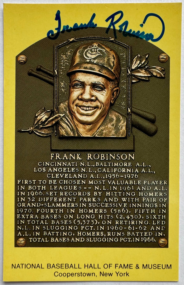 Frank Robinson Autographed Hall of Fame Plaque Postcard (JSA)