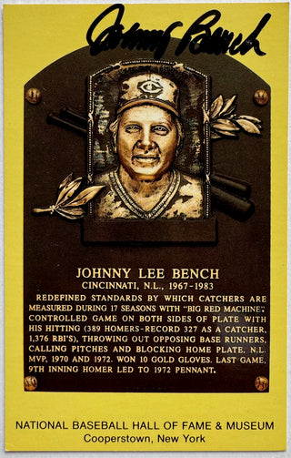 Johnny Bench Autographed Baseball Hall of Fame Plaque Postcard (JSA)