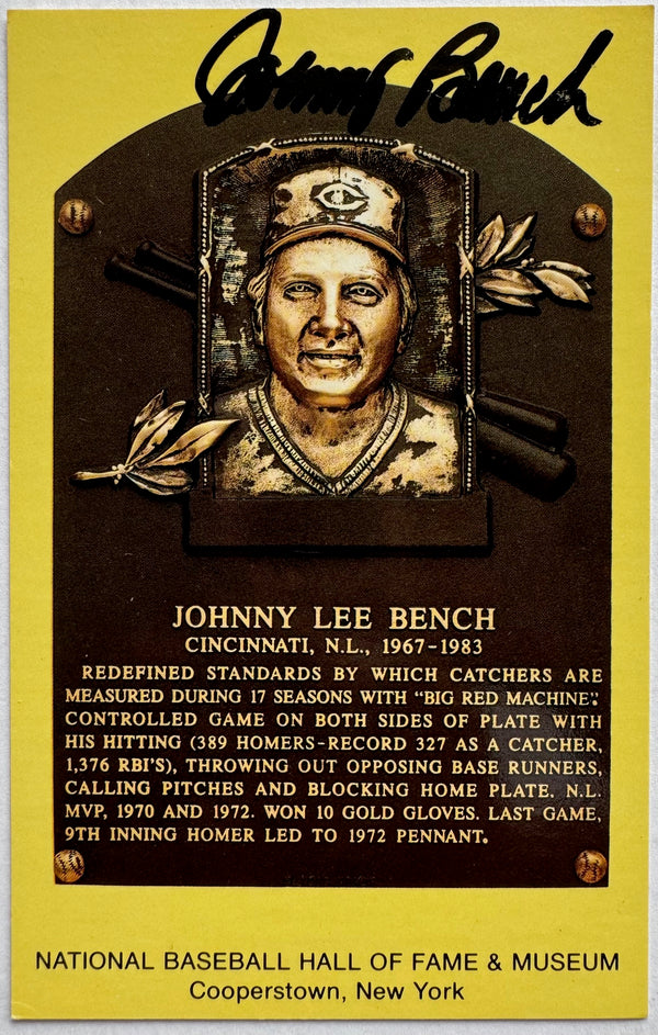 Johnny Bench Autographed Baseball Hall of Fame Plaque Postcard (JSA)