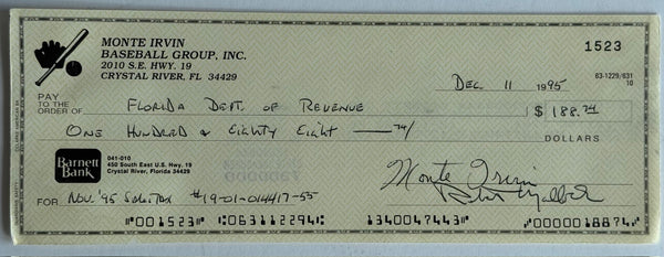 Monte Irvin Autographed Cancelled Check