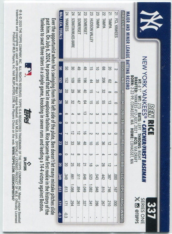 Ben Rice 2025 Topps RC #337