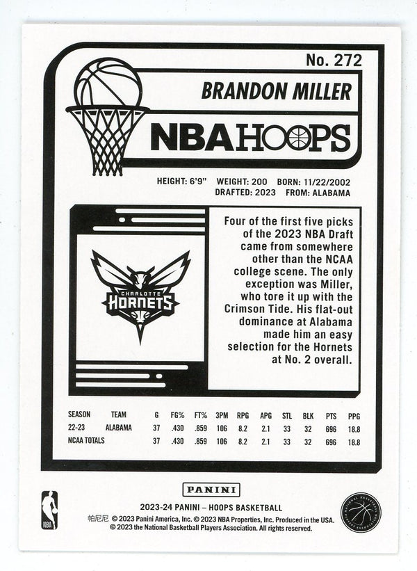 Brandon Miller 2023-24 Panini Hoops Snow Rookie Card #272