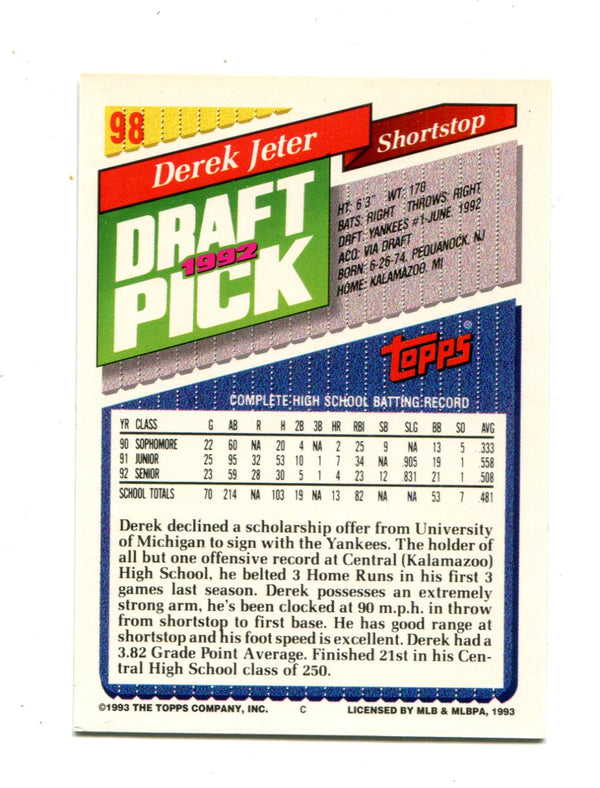 Derek Jeter 1992 Topps #98 Draft Pick Card
