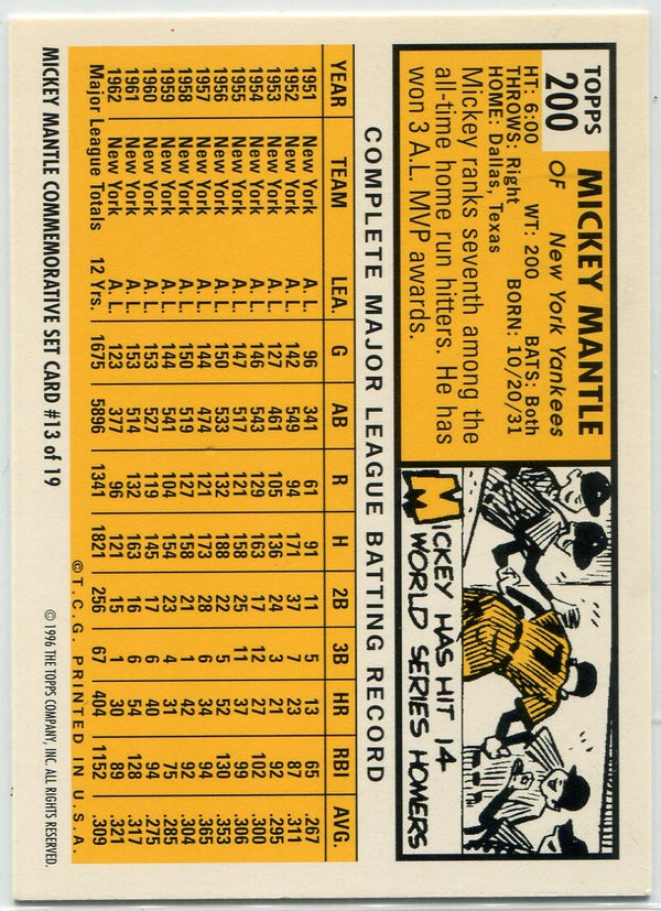 Mickey Mantle 1996 Topps Mickey Mantle Commemorative Set Card #13
