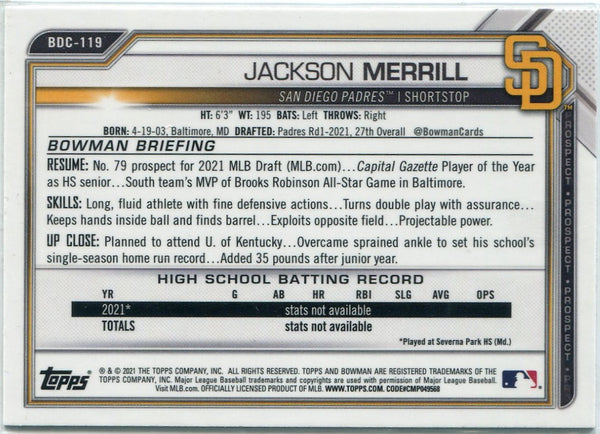 Jackson Merrill 2021 Bowman Draft Chrome RC #BDC-119