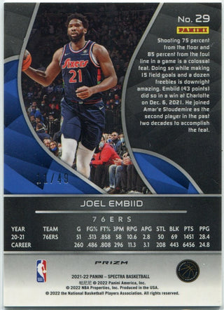 Joel Embiid 2021 - 2022 Panini Spectra Interstellar Prizm Card #29 11/49