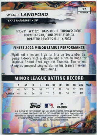 Wyatt Langford 2024 Topps Finest Common Blue Refractor RC #97 34/200