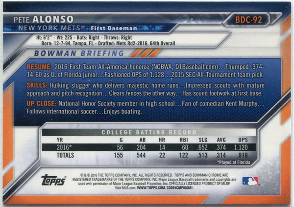Pete Alonso 2016 Bowman Draft Chrome RC BDC-92