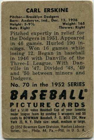 Carl Erskine 1952 Bowman Card #70