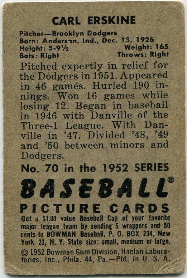 Carl Erskine 1952 Bowman Card #70