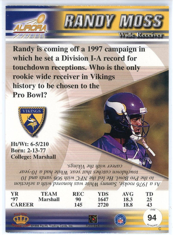 Randy Moss 1998 Pacific Aurora Rookie Card #94