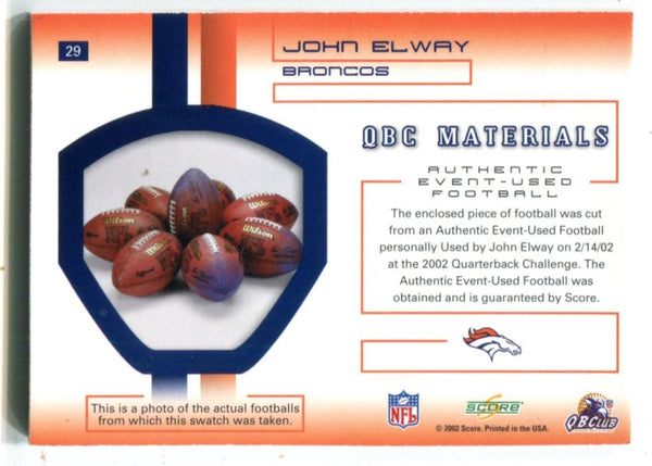 John Elway 2002 Score Authentic Event Used Football Card #29