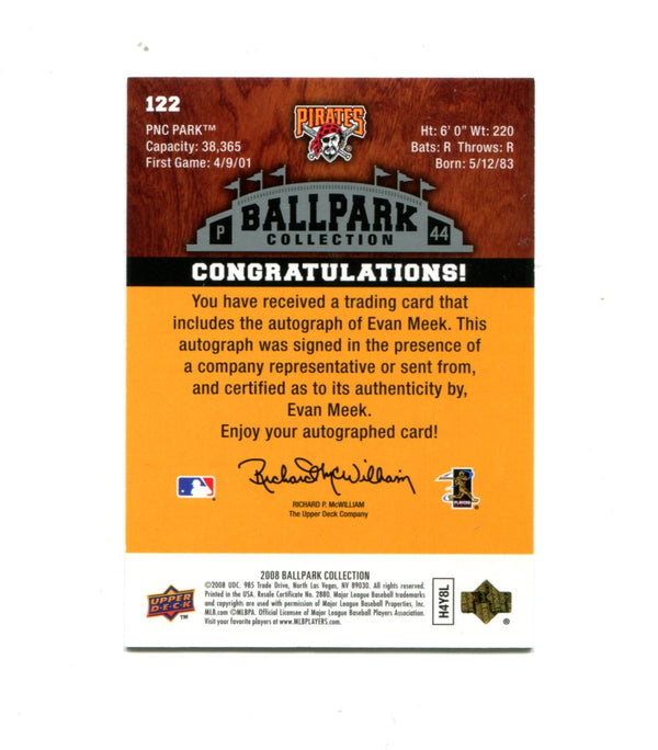 Evan Meek 2008 Upper Deck Ballpark Collection Rookie Autograph #122 Card