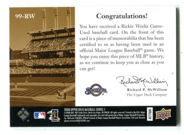 Rickie Weeks 2008 Upper Deck #99RW Game-Used Jersey Card