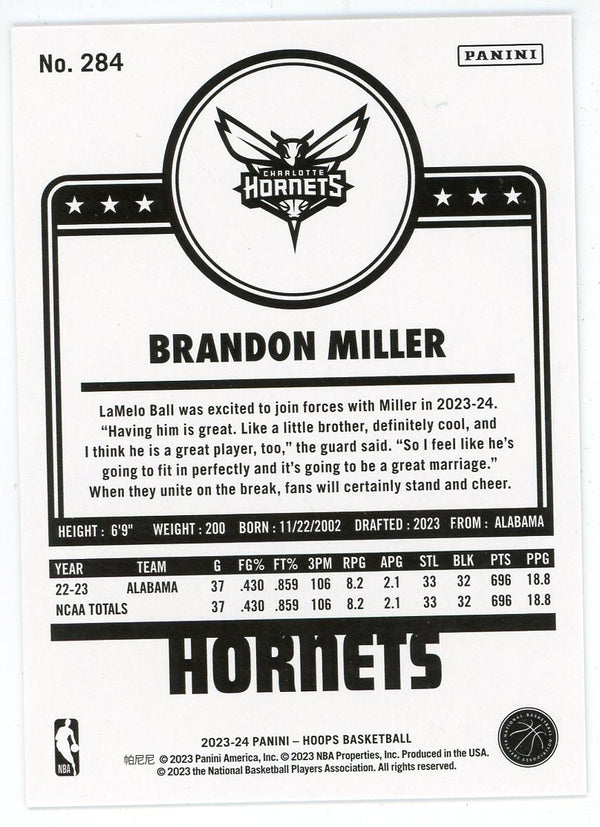 Brandon Miller 2023-24 Panini Hoops Rookie Card #284