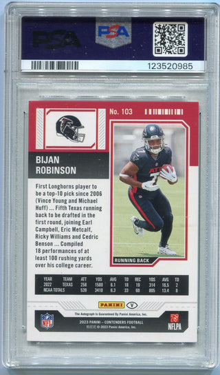 Bijan Robinson 2023 Panini Contenders Playoff Ticket Autographed Variation RC #103 38/149 PSA Graded 9
