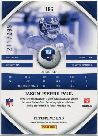 Jason Pierre-Paul Autographed 2010 Panini Gridiron Gear RC #196 211/299