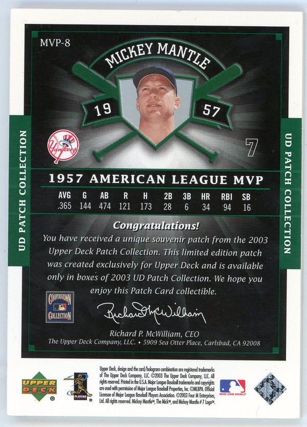 Mickey Mantle 2003 Upper Deck Patch Collection MVP Patch #MVP-8