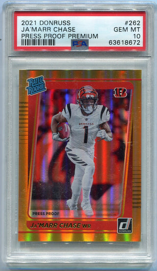 Ja'marr Chase 2021 Panini Donruss Rated Rookie Press Pass Premium RC #262 PSA Graded 10