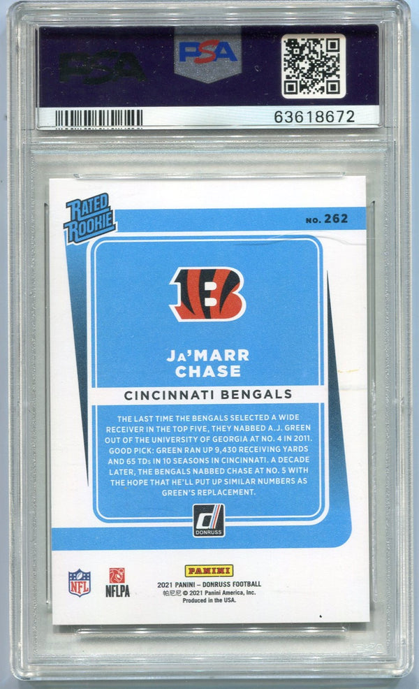 Ja'marr Chase 2021 Panini Donruss Rated Rookie Press Pass Premium RC #262 PSA Graded 10