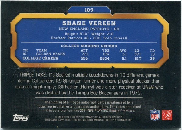 Shane Vereen 2011 Topps Triple Threads Triple Jersey/Autographed RC #109 58/99