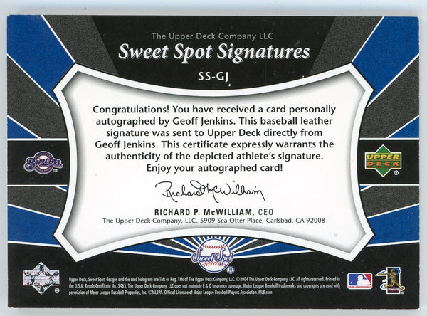 Geoff Jenkins Autographed2004 Upper Deck Sweet Spot Signatures Ball Relic #SS-GJ