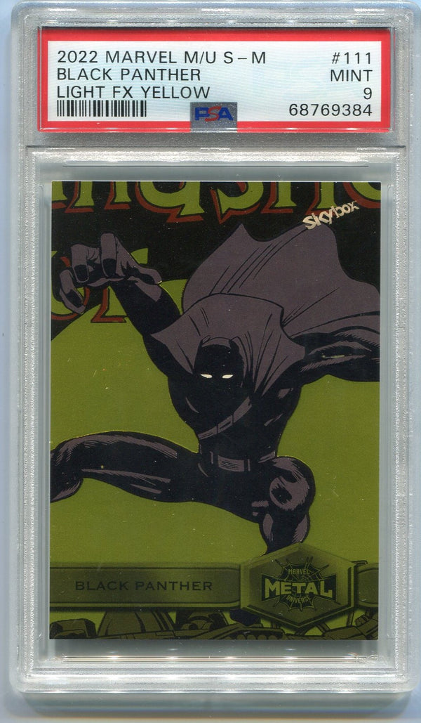 Black Panther 2022 Skybox Metal Marvel Universe Light FX Yellow Parallel Card #111 PSA Graded 9