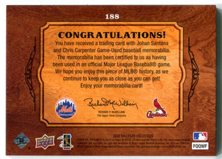 Johan Santana Chris Carpenter 2008 Upper Deck Ballpark Collection Jersey Card