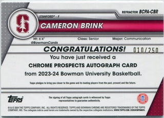 Cameron Brink 2023 - 2024 Bowman University Chrome Autographed Refractor RC 10/250