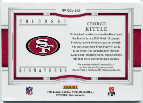 George Kittle 2023 Panini National Treasures Jersey/Autographed W/Inscription Card #COL-GK1 49/49