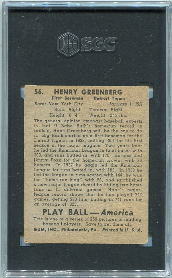 Hank Greenberg 1939 Playball Card #56 SGC Graded 4