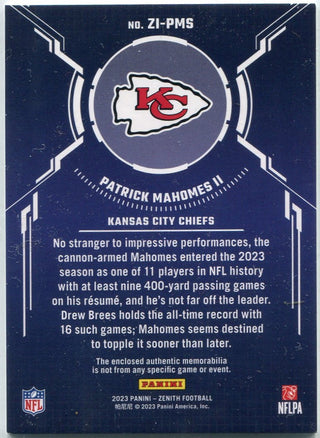 Patrick Mahomes II 2023 Panini Zenith Zoned In Jersey Card #ZI-PMS