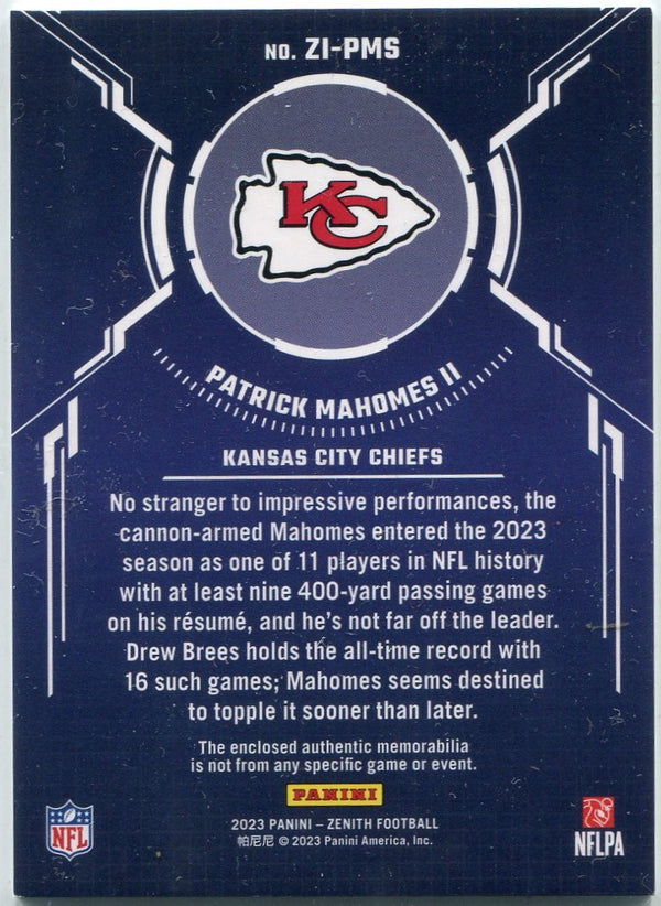 Patrick Mahomes II 2023 Panini Zenith Zoned In Jersey Card #ZI-PMS